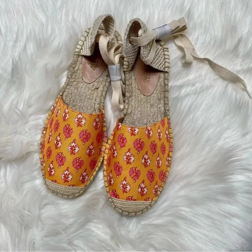 J.Crew Factory Printed Canvas Ankle Wrap Espadrille Sandals Orange Floral 8